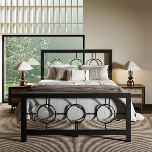 Allewie Marco de cama de plataforma de metal tamaño individual con cabecera de estilo moderno y vintage, no necesita somier, fácil montaje, sin Negro