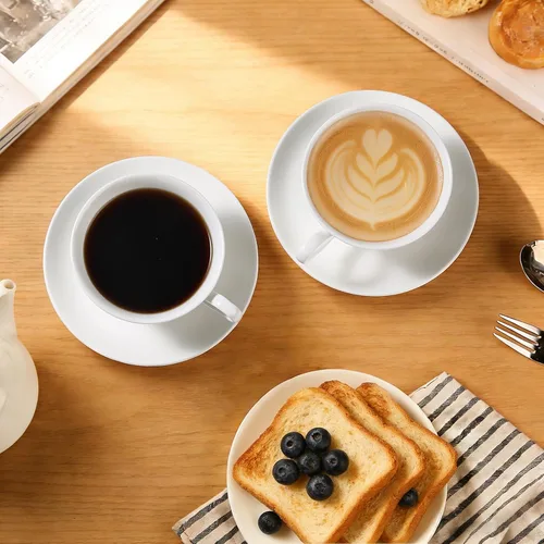 Miniatura 8 de Juego de 2 tazas y platillos de espresso de porcelana fina, juego de tazas de té blanco clásico de 5 onzas para café, capuchino, café con leche, té