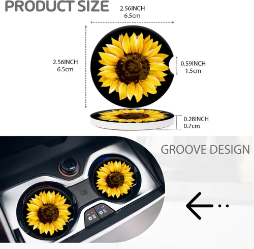 Miniatura 2 de Portavasos para automóvil, elegantes posavasos de cerámica con estampado de girasol, inserto antideslizante con agarre para la punta del dedo