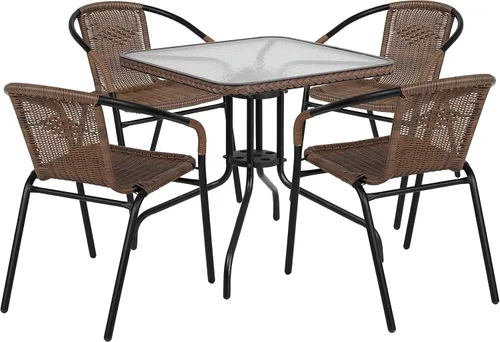 Miniatura 9 de Flash Furniture Mesa cuadrada de metal de vidrio de 28 pulgadas con borde de ratán gris y 4 sillas apilables de ratán gris Transparente/Gris