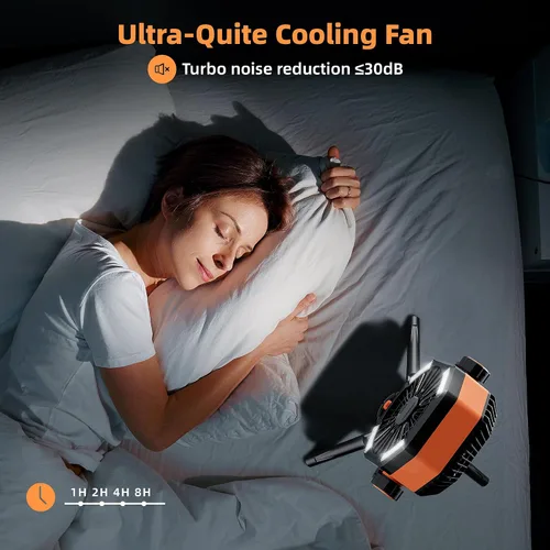 Miniatura 7 de MORIKO Trípode de ventiladores de mesa, 20000 mAh, recargable, funciona con pilas, ventilador portátil para tienda de campaña con linterna LED