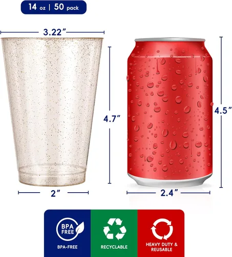 Miniatura 4 de JOLLY CHEF Paquete de 50 vasos de plástico dorados de 14 onzas, vasos de plástico desechables con purpurina dorada, ideales para bodas, Halloween