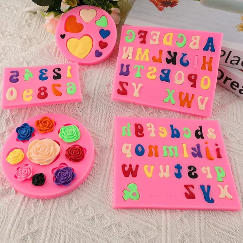Miniatura 8 de Moldes de letras del alfabeto, 5 piezas de letras y números, forma de corazón, flores, molde de silicona para fondant de chocolate, arcilla