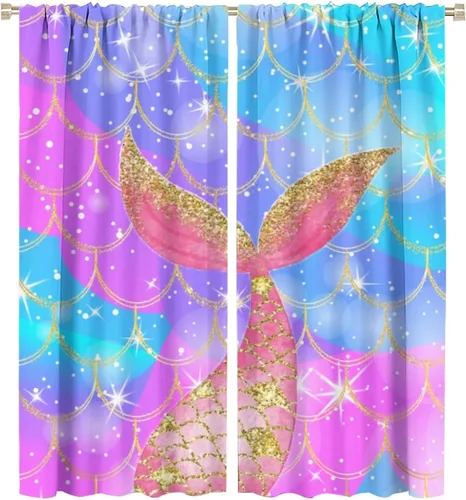 Cortinas de escamas de sirena coloridas y brillantes, con estampado de cola de sirena, bolsillo para barra, cortinas de ventana para dormitorio,
