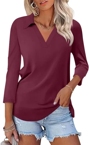 Miniatura 30 de TICTICMISS - Camisas polo de cuello en V para mujer, manga 3/4, con cuello, tops casuales de negocios, tops de verano a la moda, holgados