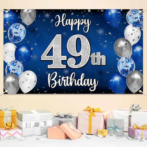Miniatura 116 de Decoración de feliz cumpleaños 35, globo azul y plateado de 35 años, cartel grande de telón de fondo de cumpleaños, suministros para fiesta de 35th