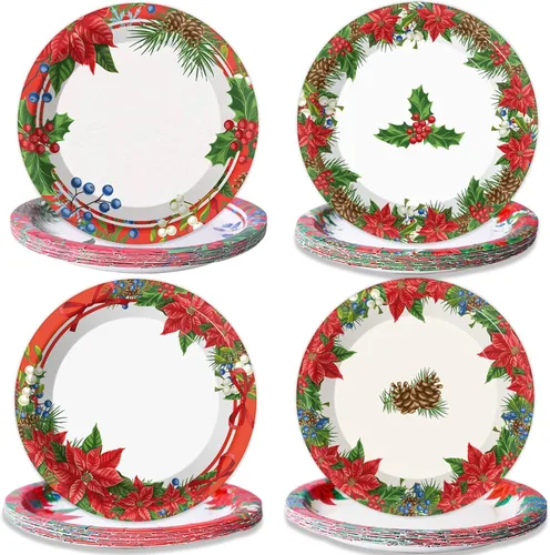 Chiazllta 48 platos de papel para fiesta de Navidad, platos desechables de postre de Pascua para fiestas temáticas de vacaciones y Año Nuevo y