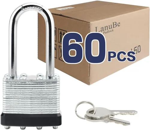 Miniatura 13 de LanuBe Candado laminado de 1-9/16 pulgadas (1.575 in) de largo grillete paquete de 2 llaves iguales, aro de plástico azul, cerraduras a granel