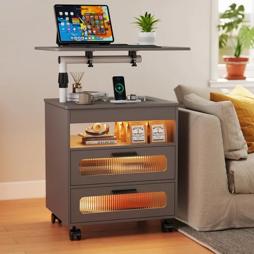 Miniatura 20 de WOOVIVS - Mesita de noche con estación de carga, mesa auxiliar con luces LED, mesa auxiliar inteligente con mesa giratoria ajustable/cajón