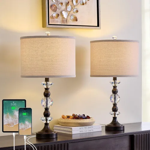 Miniatura 9 de Juego de 2 lámparas de mesa de cristal de 25.5" para dormitorio, lámparas de mesita de noche de bronce con puertos de carga USB A+C con pantalla