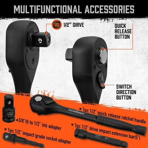 Miniatura 3 de HORUSDY Juego de dados de impacto poco profundo de 1/2 pulgada, SAE de 24 piezas (7/16"-1") y métricas (13-24mm), 6 puntos, Cr-V, incluye mango