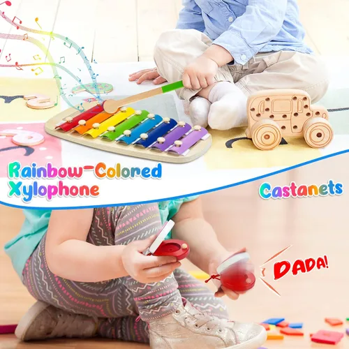 Miniatura 2 de Instrumentos musicales para niños, 12 piezas de juguetes musicales de madera para niños pequeños de 2 a 4 años con xilófono, maracas y pandereta