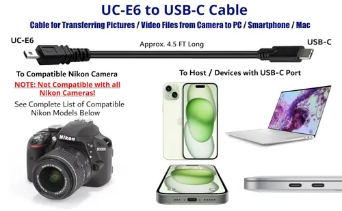 Miniatura 4 de Cable de carga de transferencia de imágenes USB con conector USB-C UC-E6 UC-E16 UC-E17 para cámaras Nikon Coolpix/DSLR seleccionadas para PC, iPhone