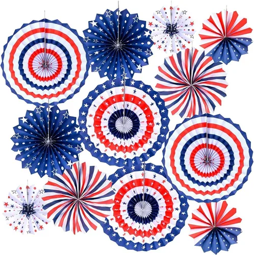 Juego de 12 abanicos de papel para colgar para fiestas, estrellas y rayas del 4 de julio, temática patriótica de Estados Unidos, decoración para