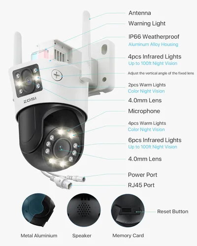 Miniatura 8 de ZOSI C298 SE 6MP Cámara de seguridad con doble lente (4MP+2MP) con cable y WiFi PT enchufable para exteriores, cámara panorámica de 360°, detección