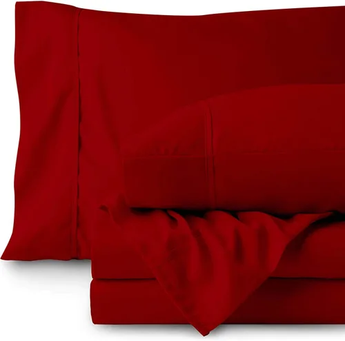 Juego de sábanas de 800 hilos, 4 piezas, color rojo, 100 % algodón, tamaño Queen, juego de sábanas cortas para camas, algodón de fibra larga, tejido
