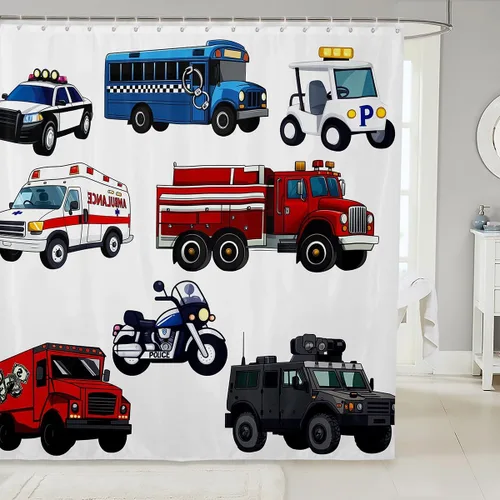 Miniatura 8 de Cortina de baño de tren de dibujos animados, cortina de ducha de tren rojo y azul para niños, juego de cortina de ducha para vehículos para niños