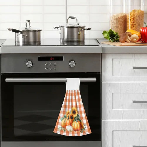 Miniatura 6 de Boccsty Toallas de Cocina Colgantes de Calabaza Otoñal 2 Piezas Cosecha Girasol Naranja Cuadros Buffalo Paños de Cocina con Lazo Toallas de Mano