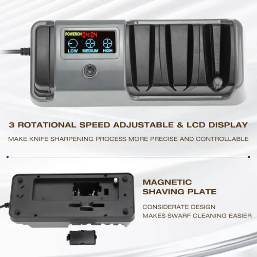 Miniatura 6 de Afilador de cuchillos eléctrico profesional de 3 etapas para cuchillos de cocina, pantalla LCD, 100% abrasivo de diamante, velocidad de rotación Gris