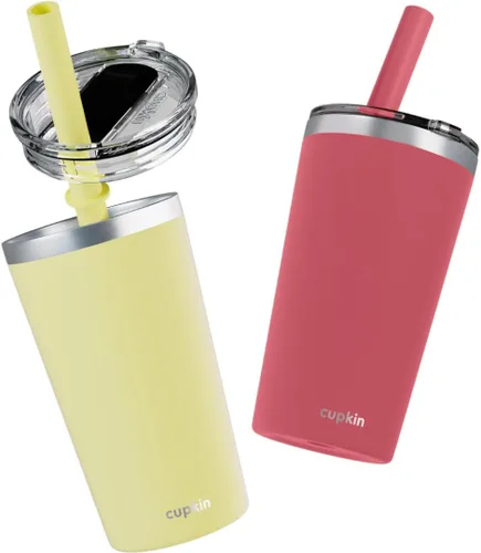 Miniatura 20 de CUPKIN - Taza apilable de acero inoxidable para niños, taza de batido, tazas aisladas con recubrimiento en polvo, tapa libre de BPA y pajilla de Rosa