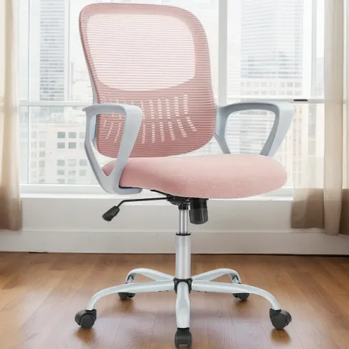 Miniatura 9 de Silla ergonómica de escritorio para oficina, silla de trabajo de malla cómoda para computadora con reposabrazos abatibles y soporte lumbar Rosa