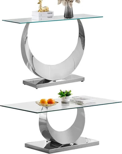 Miniatura 69 de SSLine Mesa auxiliar de cristal de lujo para sala de estar, mesa auxiliar moderna dorada con base de pedestal de acero inoxidable en forma de flor