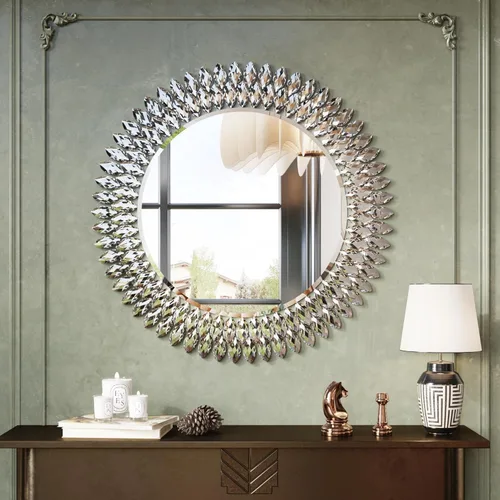 Miniatura 14 de Kelly Miller Espejo redondo con joyas para decoración de pared, espejo de pared decorativo moderno de 26 pulgadas con diamantes de lujo, espejo