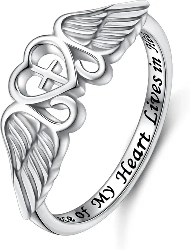 FLYOW Anillo de plata de ley S925 A Piece of My Heart Lives in Heaven con alas de ángel para mujer, joyería de recuerdo de mamá, papá, abuela,