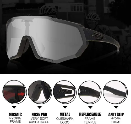 Miniatura 3 de Queshark - Gafas de ciclismo, lentes de sol deportivos para hombres y mujeres, 1 lente polarizada 2 HD, lentes de sol polarizados para ciclismo