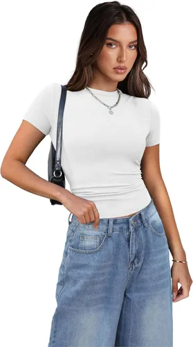 Miniatura 3 de XIEERDUO Camisetas de manga corta para mujer, cuello redondo, ajustadas, ropa Y2K 2024 para primavera y verano, camisetas básicas para salir