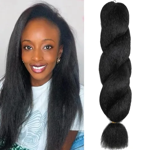 Extensiones de cabello rizado rizado de 22 pulgadas con ganchillo de zorra - Fibras sintéticas Yaki de alta calidad negro natural para mujeres 1B-22"