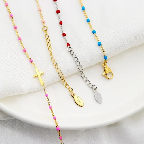 Miniatura 5 de Pulsera de Cuentas con Cruz Chapada en Oro de 14K para Mujeres, Pulsera de Acero Inoxidable Ajustable con Cruz de Fe Religiosa, Pulsera de Cadena