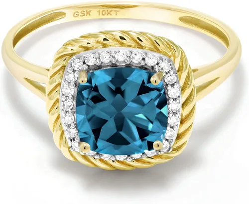 Miniatura 3 de Gem Stone King Anillo de compromiso de oro amarillo de 10 quilates con piedra natal y diamante blanco Cojín de 0.276 in Anillo de oro