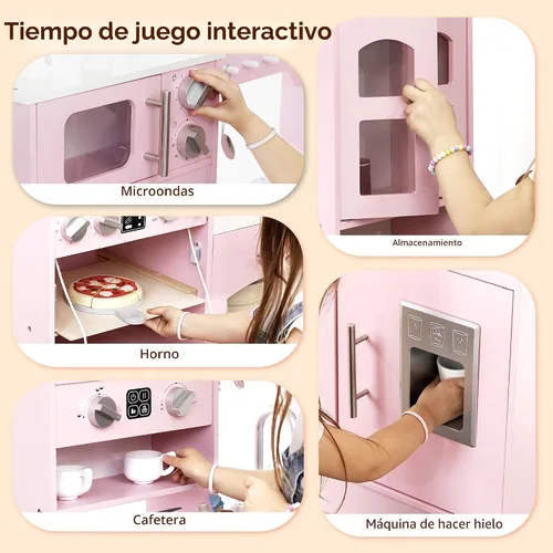 Miniatura 4 de Cocina de madera para niños pequeños y niños con luces y sonidos, gran juego interactivo con máquina de hielo, estufa, fregadero, horno, 12