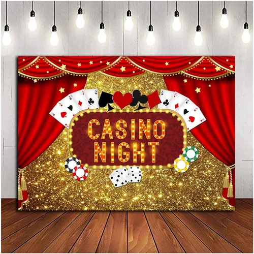 Miniatura 7 de Telones de fondo de fotografía Bokeh con purpurina dorada de Las Vegas, 5 x 3 pies, vinilo de casino, dados de póquer nocturno, cortinas rojas