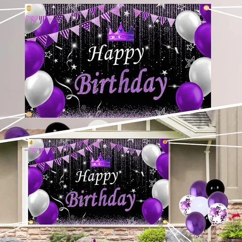 Miniatura 4 de Decoraciones de fiesta moradas y negras para mujeres, decoraciones de cumpleaños moradas para niñas y hombres con mantel de fondo de feliz