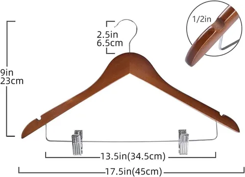 Miniatura 2 de Paquete de 10 perchas de madera con clips, perchas de madera de alta calidad para trajes, perchas para faldas con clips, colgador de madera S con 10