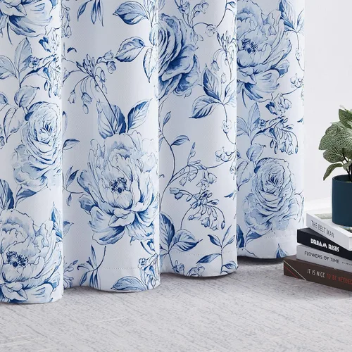 Miniatura 7 de Beauoop - Cortinas florales 100% blackout, de 84 pulgadas de largo, 2 paneles, para dormitorio, sala de estar, azul marino y blanco