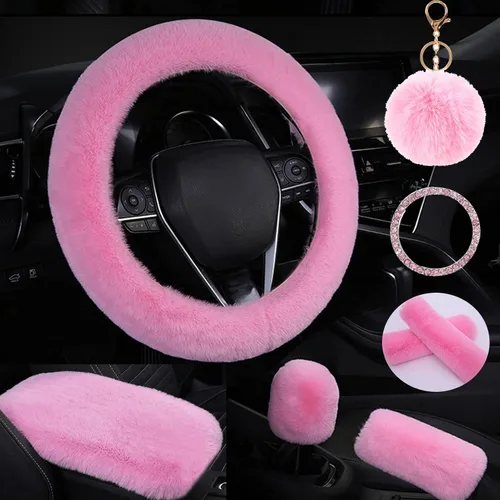 Miniatura 8 de Lindo juego de fundas esponjosas para volante, fundas de volante de piel suave y cálida para mujeres/niñas, universal de 15 pulgadas, 1 juego de 8