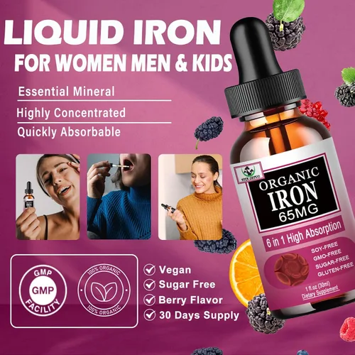 Miniatura 2 de Suplemento de hierro para mujeres con vitamina C, suplemento líquido 6 en 1 con vitamina B12, vitamina B6, gotas de hierro líquido de alta absorción