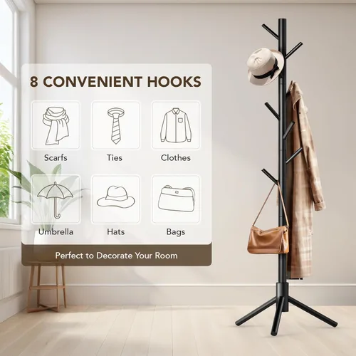 Miniatura 6 de Hupmad Perchero de árbol de madera, perchero resistente independiente con 8 ganchos, 3 alturas ajustables para niños y adultos, perchero de madera