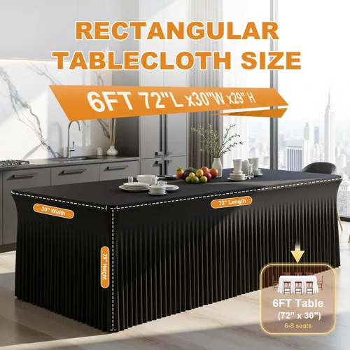 Miniatura 2 de Mantel rectangular de elastano negro, funda elástica ajustada para mesas rectangulares de 1,8 m, falda de mesa elástica sin arrugas para decoración