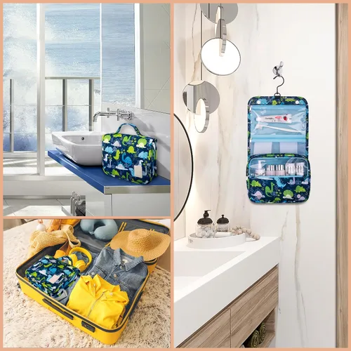Miniatura 7 de Eudora Neceser colgante de viaje para niños, organizador de viaje impermeable, lindo dinosaurio serpiente dibujos animados cosméticos bolsa de baño