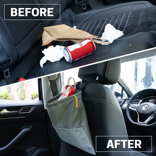 Miniatura 6 de GNEGNI 2 botes de basura para automóvil, bolsa de basura colgante para automóvil con forro impermeable a prueba de fugas Gris