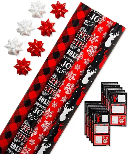 Miniatura 8 de American Greetings Rollo de papel de regalo reversible jumbo para Navidad, papel de regalo navideño rojo y negro