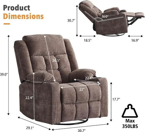 Miniatura 2 de Ketaiyou Silla reclinable giratoria eléctrica para adultos con masaje y calor, puertos USB y tipo C, posición infinita, sillón reclinable eléctrico