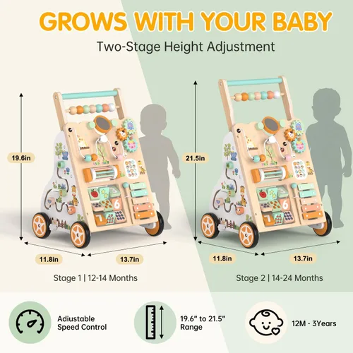 Miniatura 3 de Andador de bebé de madera con ruedas, andador de empuje con centro de actividad para bebés, juguete de caminar Montessori para niñas y niños, Natural