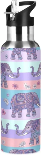 Elephants Insulated Stainless Steel Water Bottle with Straw 20 Oz Leakproof Water Bottles, BPA-Free Sports Water Bottle with Straw