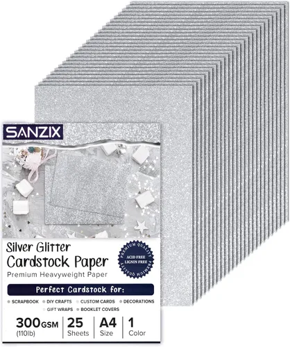 SANZIX 25 hojas de papel de cartulina con purpurina plateada, 8.2 x 11.7 pulgadas, 110 libras, 300 GSM, cartulina de papel con purpurina plateada