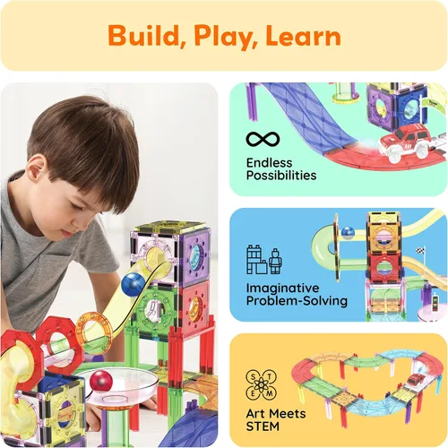 Miniatura 4 de PicassoTiles Juego de 121 azulejos magnéticos de pista de carreras de mármol 3 en 1, juego de construcción de carreras de automóviles, aprendizaje